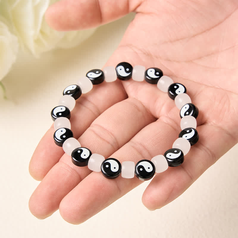 Buddha Stones Bracelet d'équilibre Liuli Yin Yang en perles noires et blanches - image 4