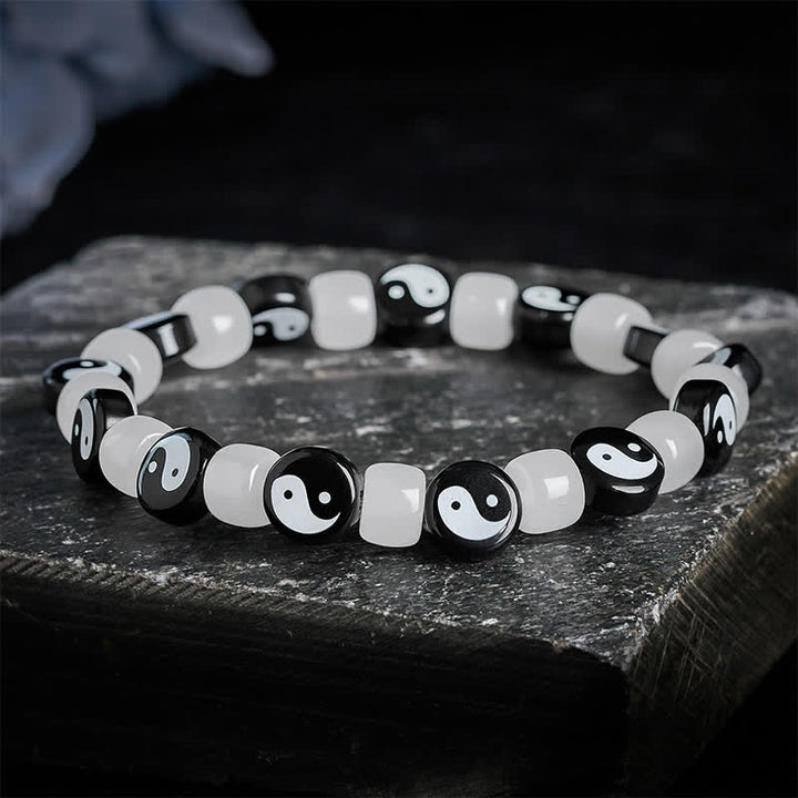 Buddha Stones Bracelet d'équilibre Liuli Yin Yang en perles noires et blanches - image 1