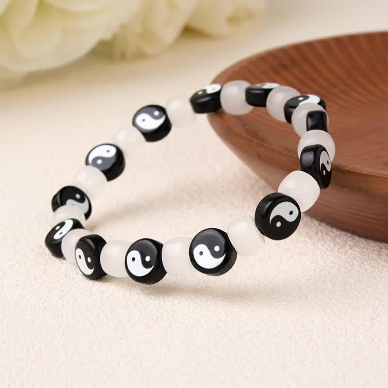 Buddha Stones Bracelet d'équilibre Liuli Yin Yang en perles noires et blanches - image 3