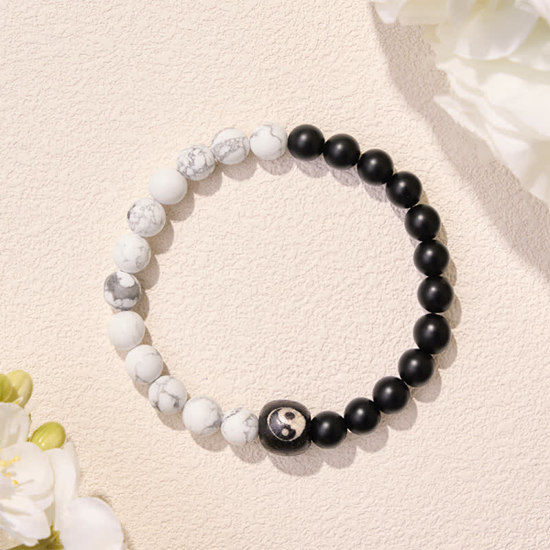 Buddha Stones Bracelet rond Yin Yang en onyx noir et turquoise blanche, orné de perles rondes. - image 3