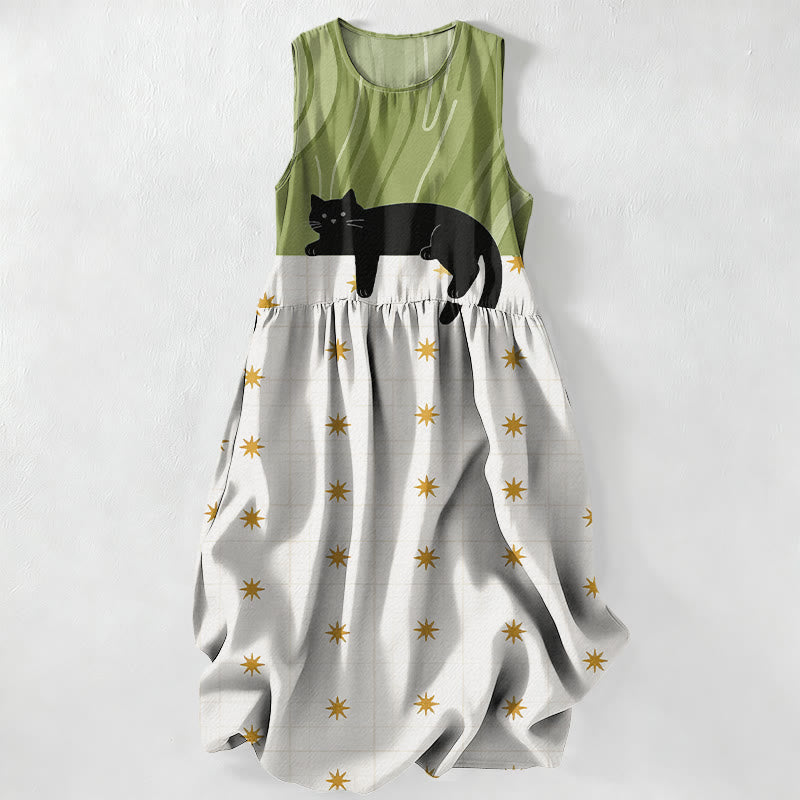 Buddha Stones Robe midi d'été décontractée pour femme, sans manches, à motif chat noir et étoiles, avec poches - JauneVert - US16，UK/AU20，EU48 (3XL) - image 0