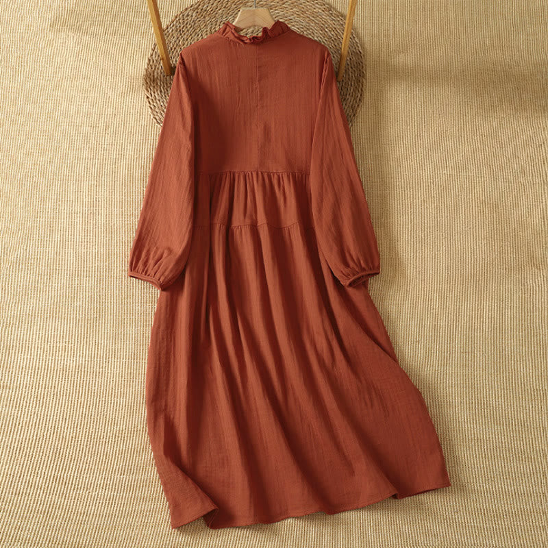 Buddha Stones Robe longue bohème vintage d'automne, unie, col en V, manches longues et poches - image 1