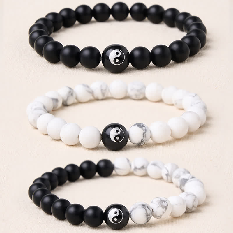 Buddha Stones Bracelet Yin Yang en perles rondes d'onyx noir, turquoise blanche et obsidienne noire. - image 0