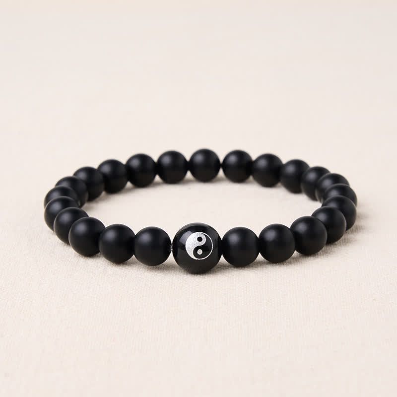 Buddha Stones Bracelet Yin Yang en perles rondes d'onyx noir, turquoise blanche et obsidienne noire. - Onyx noir - 5,9–6,3 pouces (15–16 cm) - image 1
