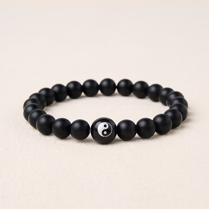 Buddha Stones Bracelet Yin Yang en perles rondes d'onyx noir, turquoise blanche et obsidienne noire. - Onyx noir - 5,9–6,3 pouces (15–16 cm) - image 1