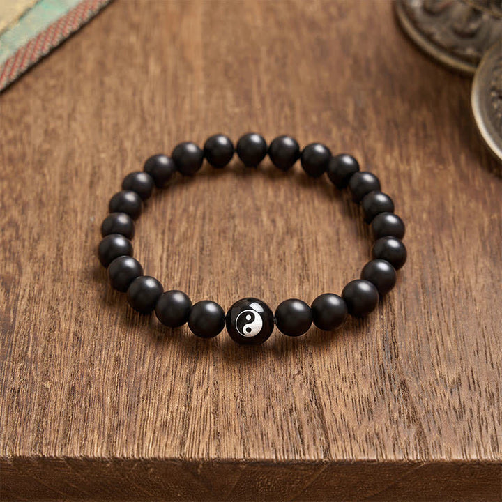 Buddha Stones Bracelet Yin Yang en perles rondes d'onyx noir, turquoise blanche et obsidienne noire. - image 3