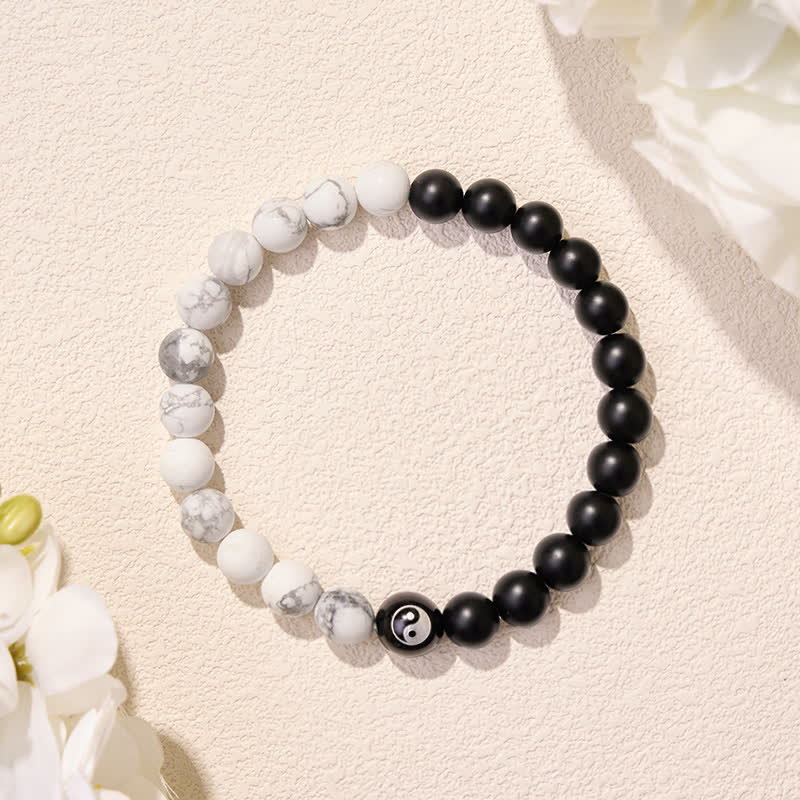Buddha Stones Bracelet Yin Yang en perles rondes d'onyx noir, turquoise blanche et obsidienne noire. - image 20