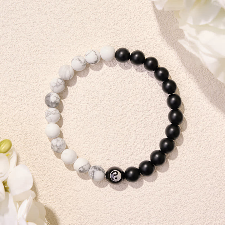 Buddha Stones Bracelet Yin Yang en perles rondes d'onyx noir, turquoise blanche et obsidienne noire. - image 20