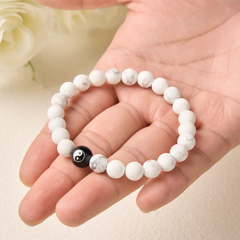 Buddha Stones Bracelet Yin Yang en perles rondes d'onyx noir, turquoise blanche et obsidienne noire. - image 14