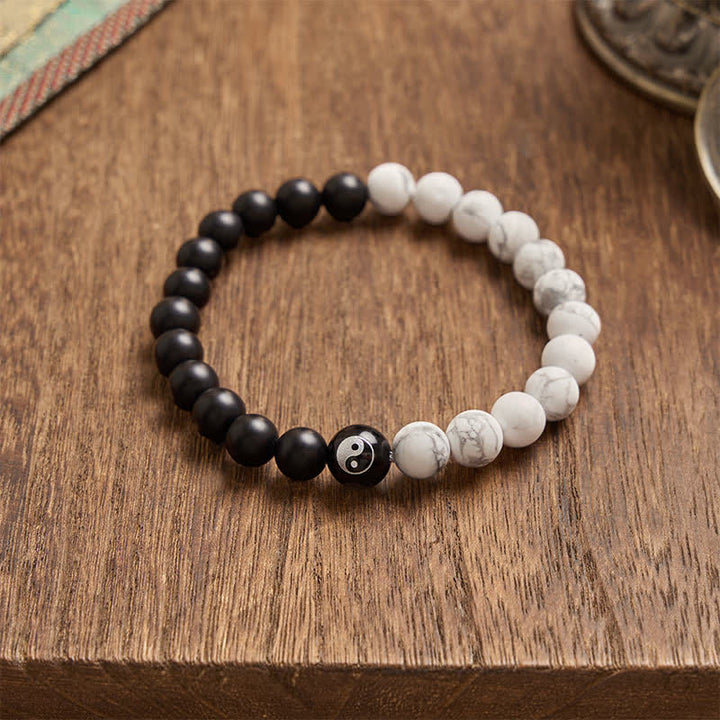 Buddha Stones Bracelet Yin Yang en perles rondes d'onyx noir, turquoise blanche et obsidienne noire. - image 18