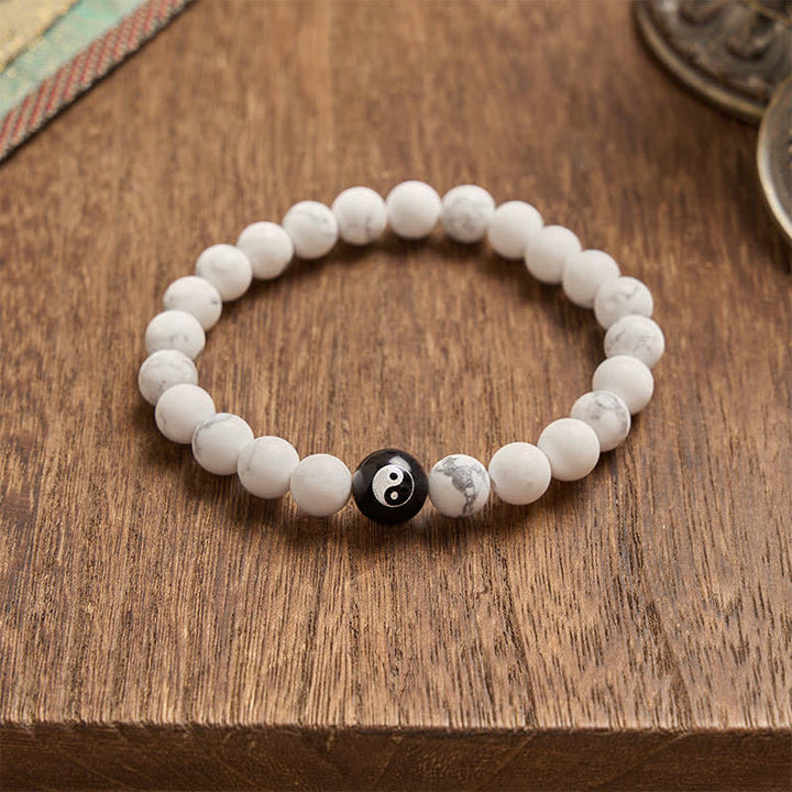 Buddha Stones Bracelet Yin Yang en perles rondes d'onyx noir, turquoise blanche et obsidienne noire. - image 13