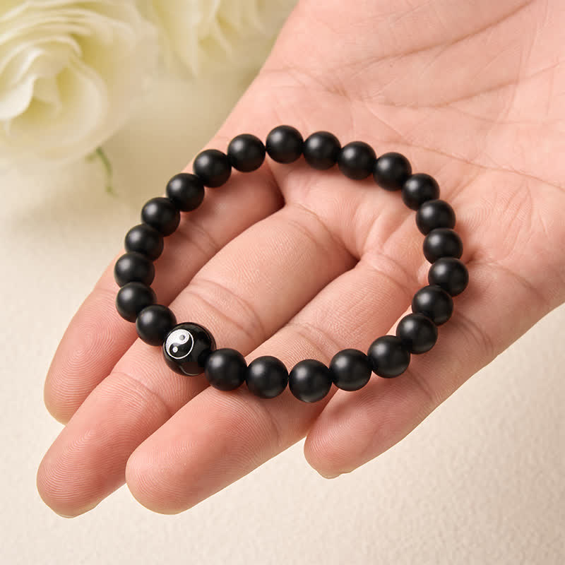 Buddha Stones Bracelet Yin Yang en perles rondes d'onyx noir, turquoise blanche et obsidienne noire. - image 4