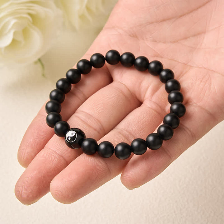 Buddha Stones Bracelet Yin Yang en perles rondes d'onyx noir, turquoise blanche et obsidienne noire. - image 4