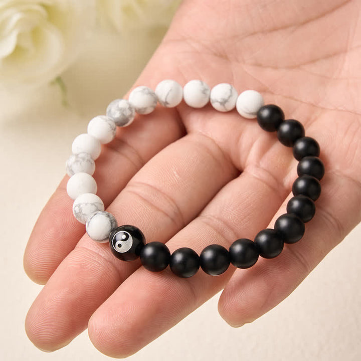 Buddha Stones Bracelet Yin Yang en perles rondes d'onyx noir, turquoise blanche et obsidienne noire. - image 19