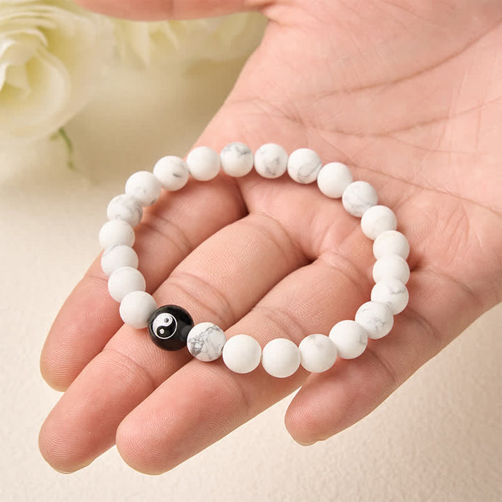 Buddha Stones Bracelet Yin Yang en perles rondes d'onyx noir, turquoise blanche et obsidienne noire. - image 15