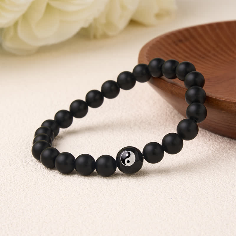 Buddha Stones Bracelet Yin Yang en perles rondes d'onyx noir, turquoise blanche et obsidienne noire. - image 2