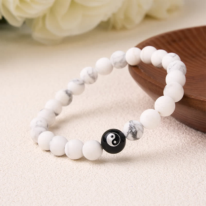Buddha Stones Bracelet Yin Yang en perles rondes d'onyx noir, turquoise blanche et obsidienne noire. - image 13