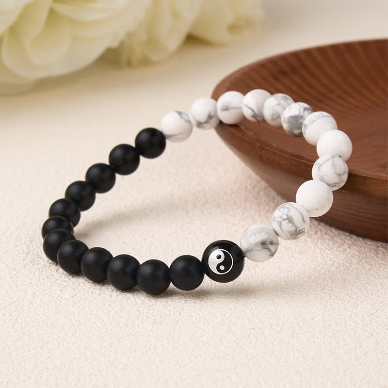 Buddha Stones Bracelet Yin Yang en perles rondes d'onyx noir, turquoise blanche et obsidienne noire. - image 17