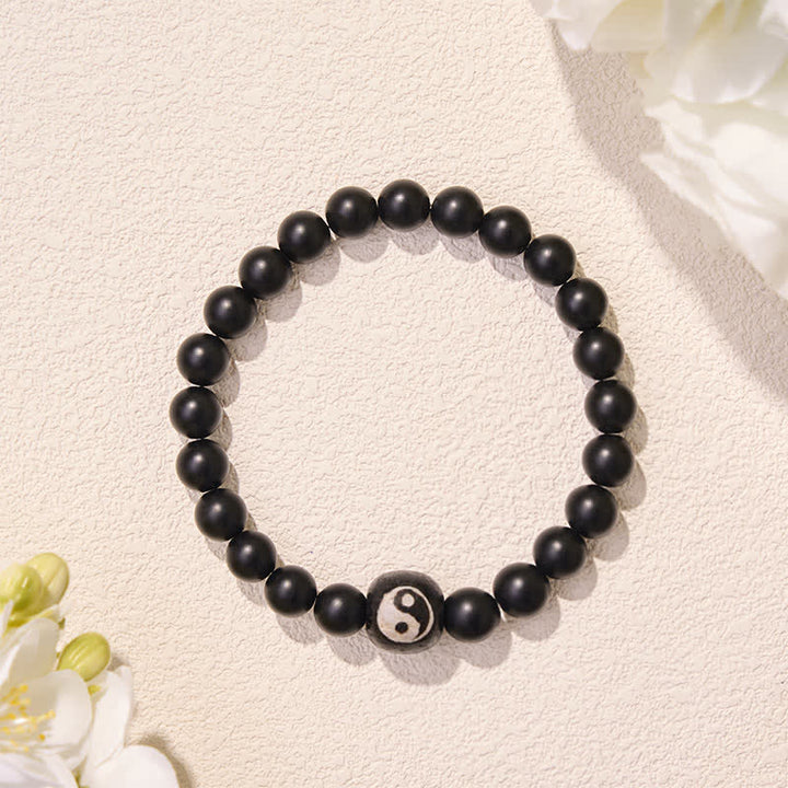 Buddha Stones Bracelet Yin Yang en perles rondes d'onyx noir, turquoise blanche et obsidienne noire. - image 5