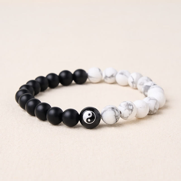 Buddha Stones Bracelet Yin Yang en perles rondes d'onyx noir, turquoise blanche et obsidienne noire. - Onyx noir et turquoise blanche - 5,9–6,3 pouces (15–16 cm) - image 16