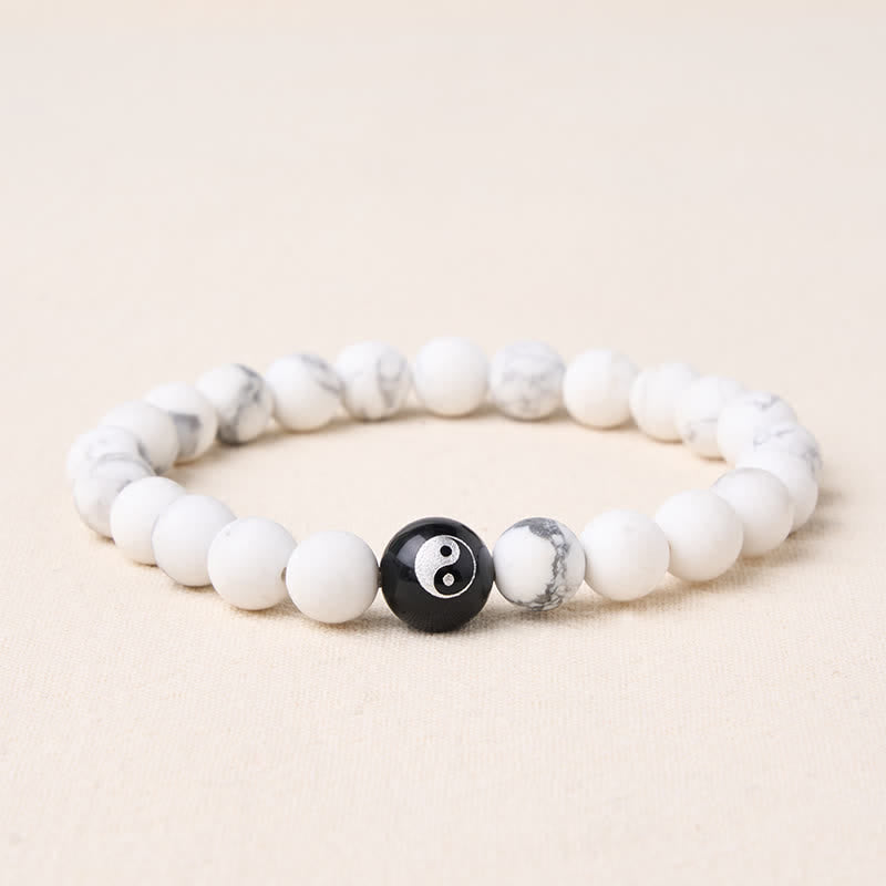 Buddha Stones Bracelet Yin Yang en perles rondes d'onyx noir, turquoise blanche et obsidienne noire. - Turquoise blanche - 5,9–6,3 pouces (15–16 cm) - image 11
