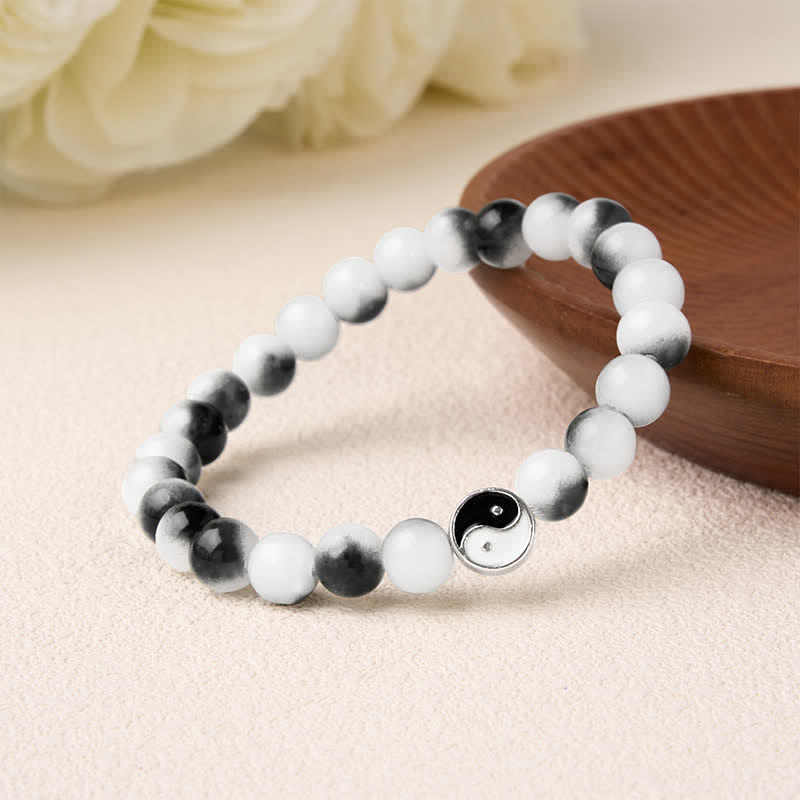 Buddha Stones Bracelet d'équilibre bicolore Yin Yang en alliage et perles plates et verre - image 2