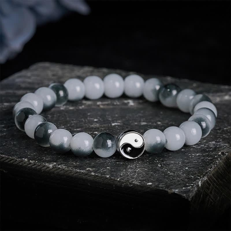 Buddha Stones Bracelet d'équilibre bicolore Yin Yang en alliage et perles plates et verre - image 5