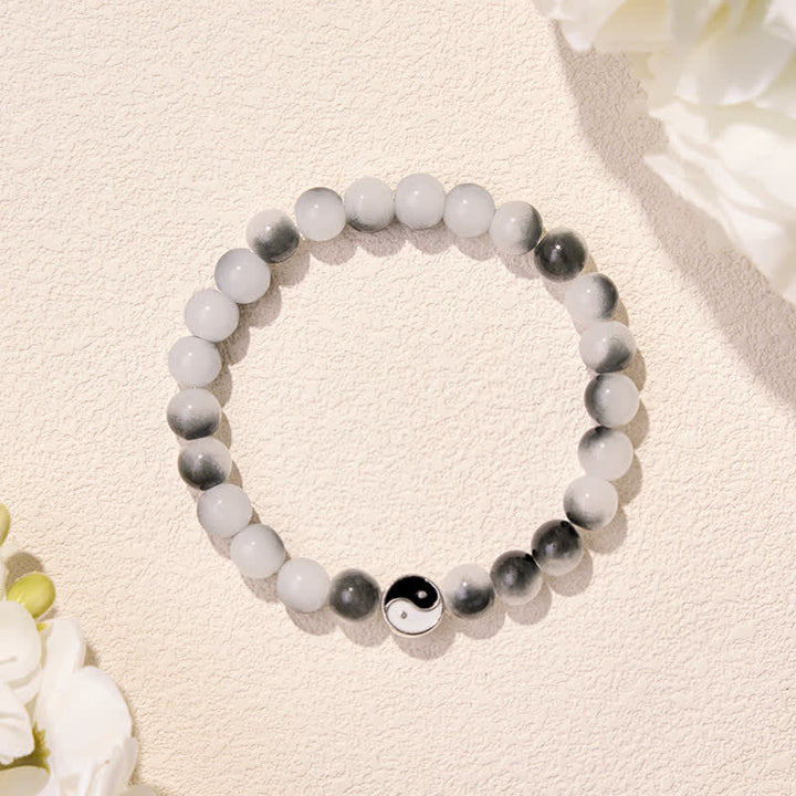 Buddha Stones Bracelet d'équilibre bicolore Yin Yang en alliage et perles plates et verre - image 1