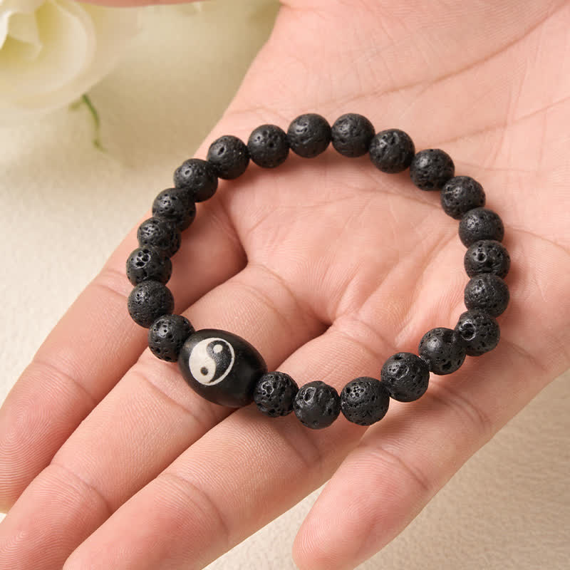 Buddha Stones Bracelet de soutien en perles Yin Yang en pierre de lave et onyx noir. - image 3
