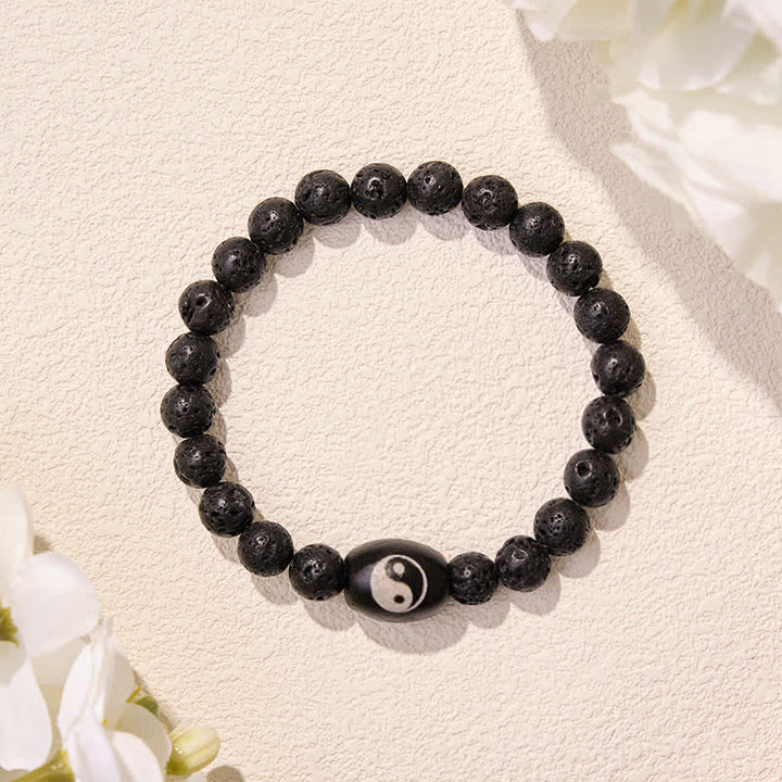 Buddha Stones Bracelet de soutien en perles Yin Yang en pierre de lave et onyx noir. - image 4