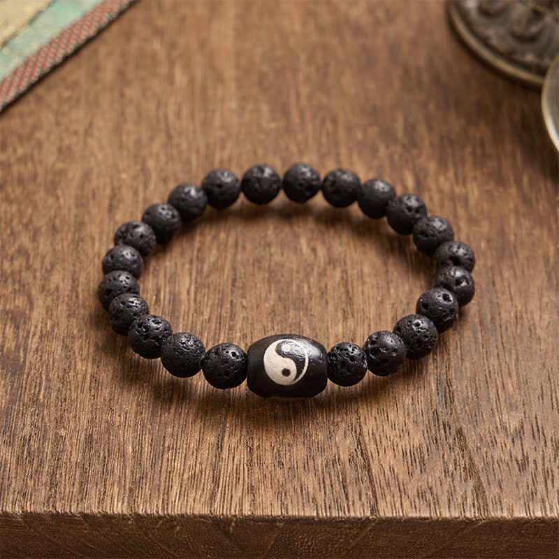 Buddha Stones Bracelet de soutien en perles Yin Yang en pierre de lave et onyx noir. - image 2