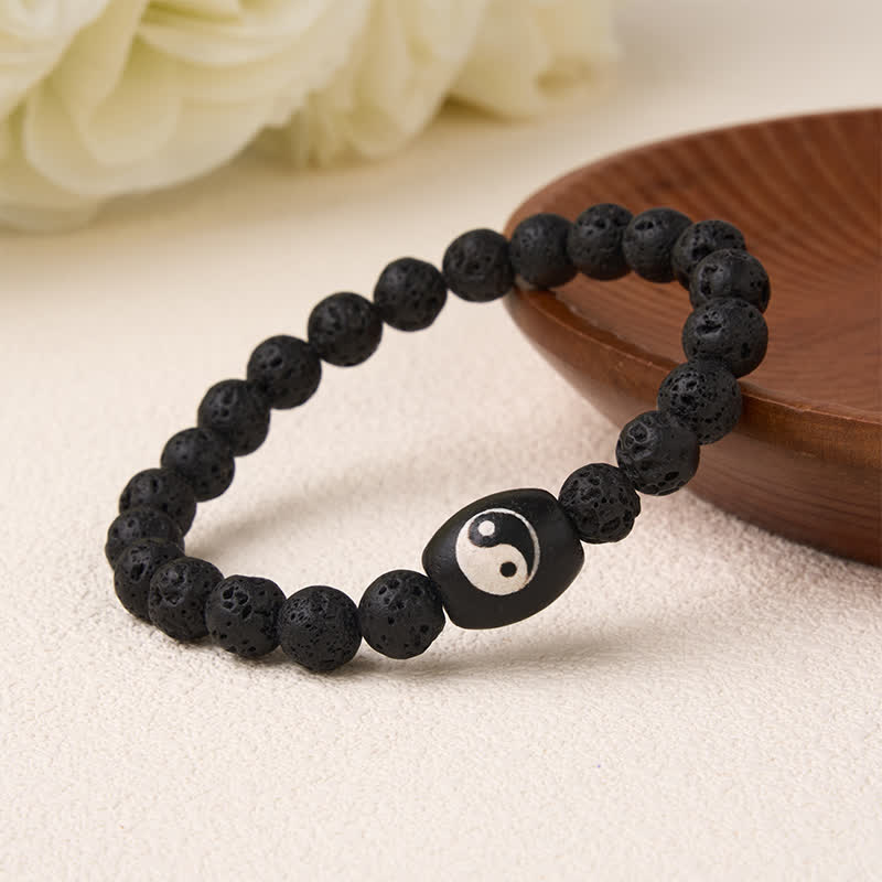 Buddha Stones Bracelet de soutien en perles Yin Yang en pierre de lave et onyx noir. - image 1