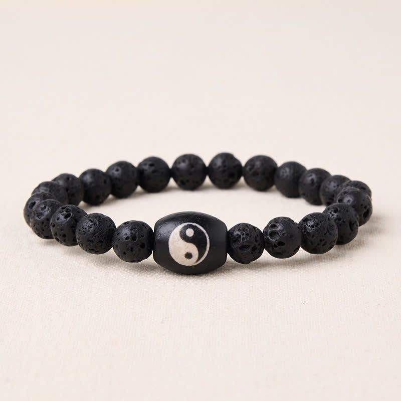 Buddha Stones Bracelet de soutien en perles Yin Yang en pierre de lave et onyx noir. - Pierre de lave (Tour de poignet : 15 à 16 cm) - image 0