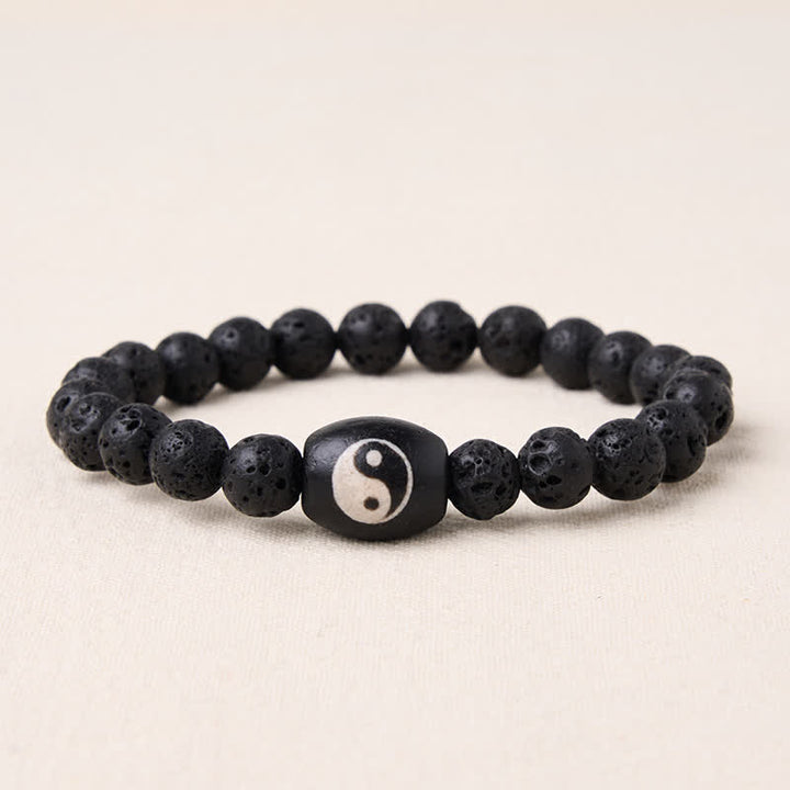 Buddha Stones Bracelet de soutien en perles Yin Yang en pierre de lave et onyx noir. - Pierre de lave (Tour de poignet : 15 à 16 cm) - image 0