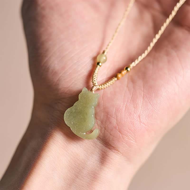 Buddha Stones Collier pendentif chat en jade avec cordon tressé, symbole d'abondance - image 5