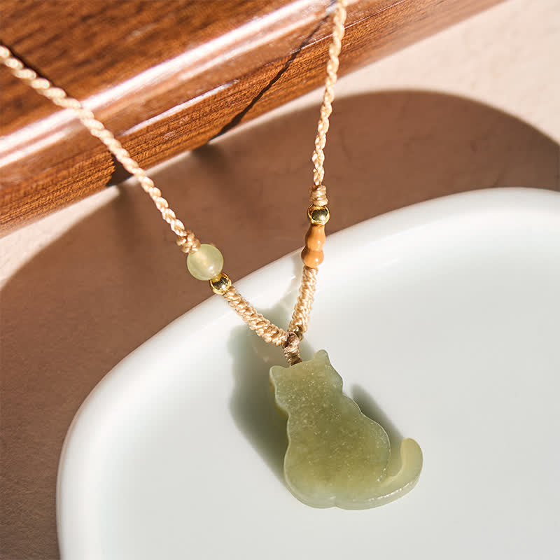 Buddha Stones Collier pendentif chat en jade avec cordon tressé, symbole d'abondance - image 1