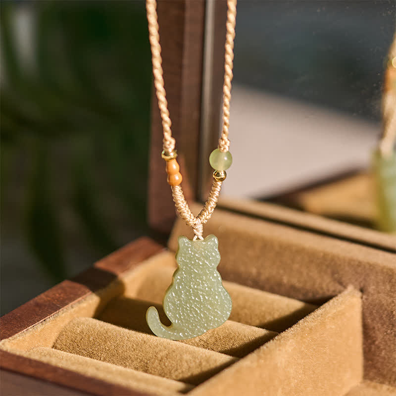 Buddha Stones Collier pendentif chat en jade avec cordon tressé, symbole d'abondance - image 4