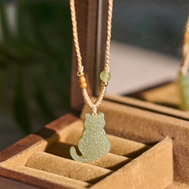 Buddha Stones Collier pendentif chat en jade avec cordon tressé, symbole d'abondance - image 4