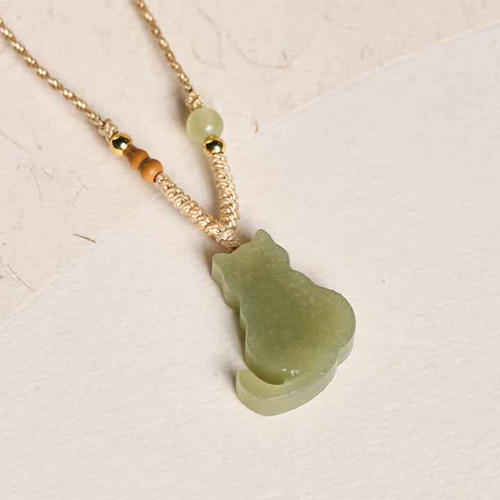 Buddha Stones Collier pendentif chat en jade avec cordon tressé, symbole d'abondance - image 2