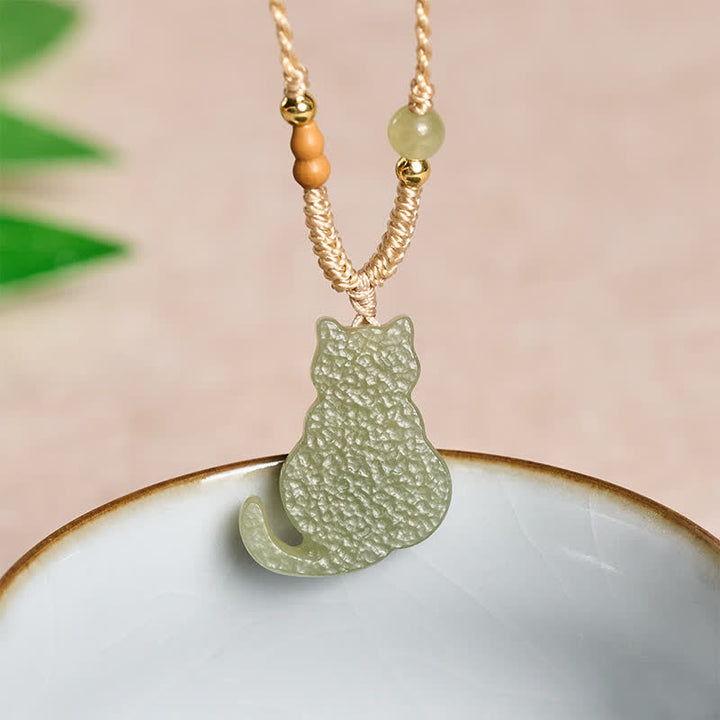 Buddha Stones Collier pendentif chat en jade avec cordon tressé, symbole d'abondance - Jade naturel (la couleur peut varier) - image 0