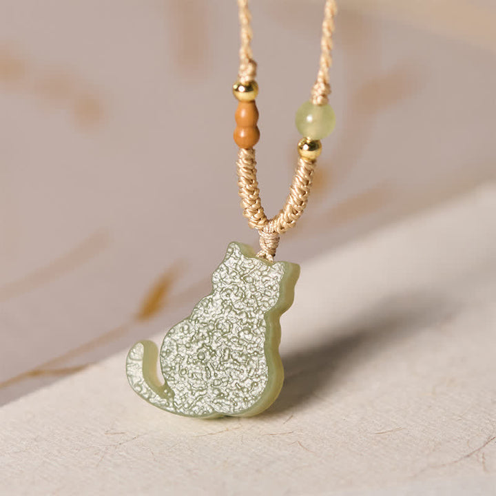 Buddha Stones Collier pendentif chat en jade avec cordon tressé, symbole d'abondance - image 3