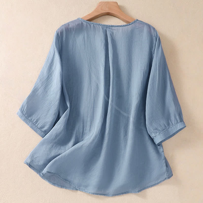 Chemise à manches courtes pour femme avec broderie florale et Buddha Stones, col rond - image 1