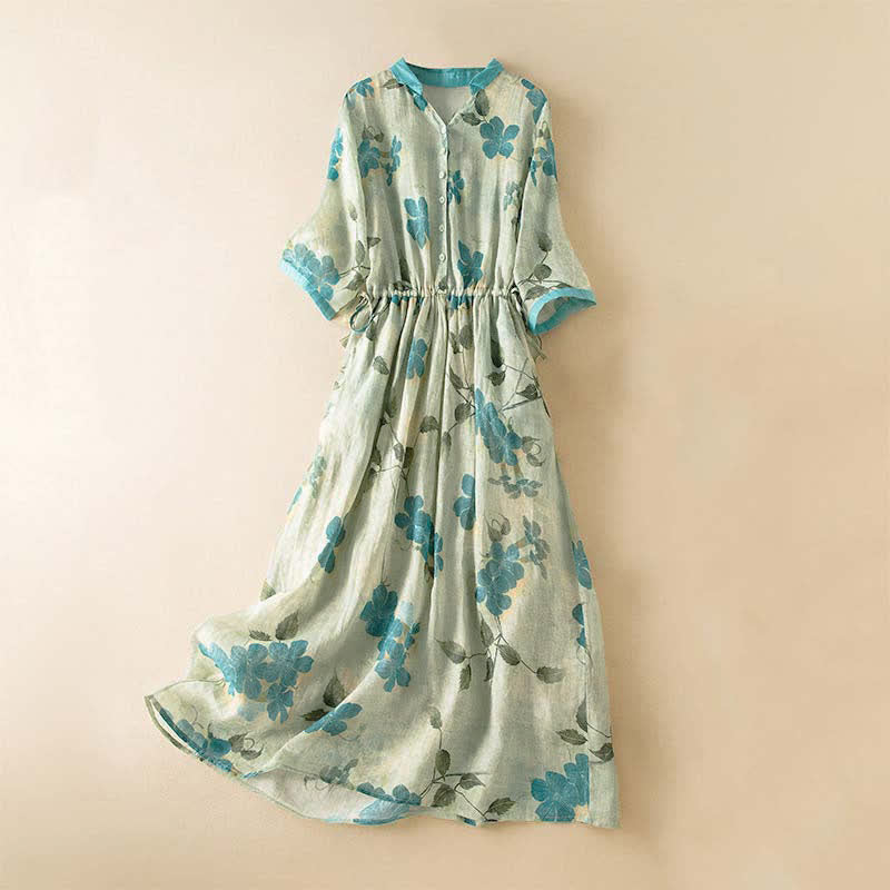 Robe midi à manches courtes, motif floral contrasté et poches , Buddha Stones - Vert clair - US12，UK/AU16，EU44 (3XL) - image 0
