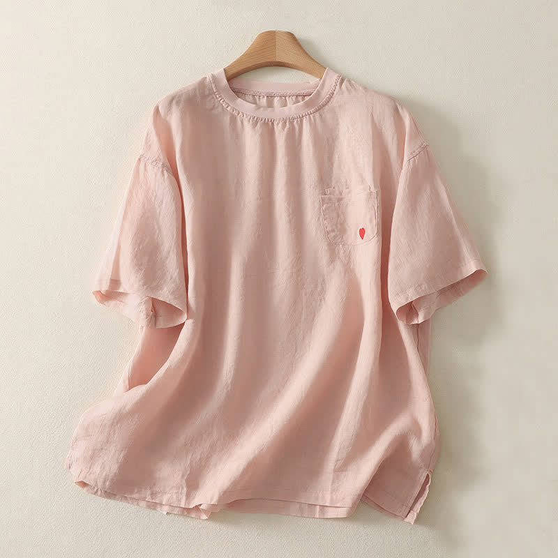 T-shirt femme à manches courtes avec broderie décontractée et cœur rouge en forme de Buddha Stones - Rose - US14，UK/AU18，EU46 (2XL) - image 0