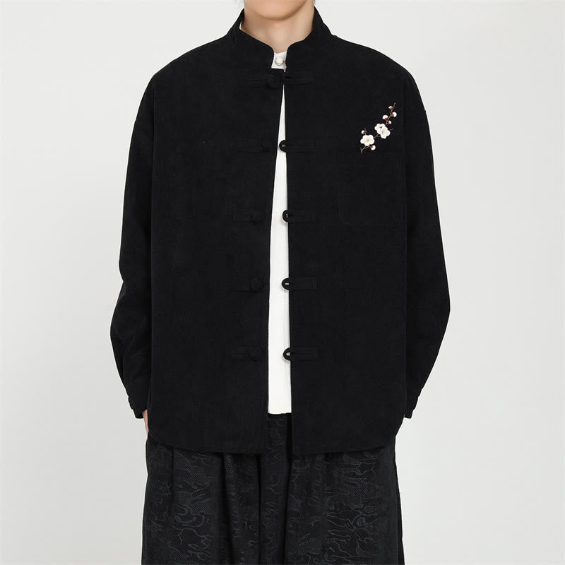 Buddha Stones Veste homme automne-hiver style Tang vintage en velours côtelé brodé de boutons grenouille et de motifs floraux, avec poche plaquée - Noir - US/UK/AU46，EU56 (5XL) - image 0