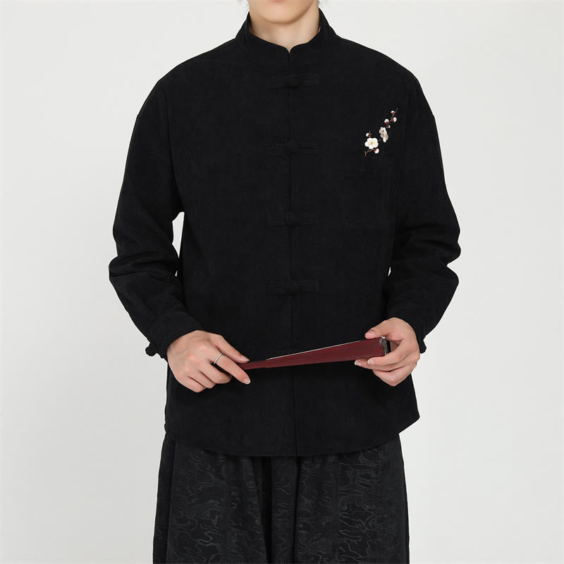 Buddha Stones Veste homme automne-hiver style Tang vintage en velours côtelé brodé de boutons grenouille et de motifs floraux, avec poche plaquée - image 1