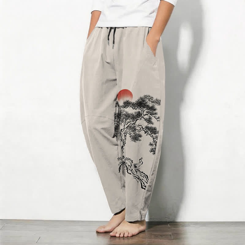Buddha Stones Pantalon fuselé pour homme en pur coton, motif pin et soleil rouge, cordon de serrage et poches - image 1