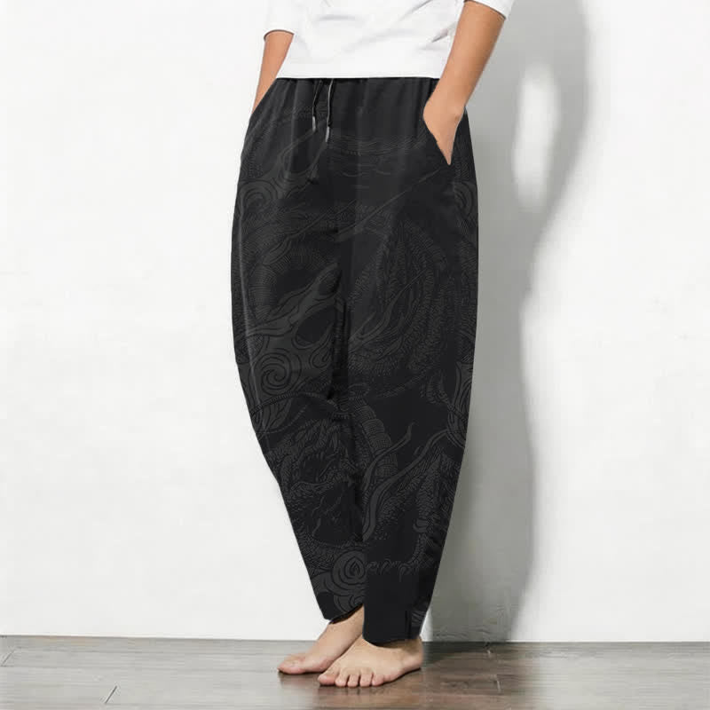 Buddha Stones Pantalon fuselé pour homme en pur coton, motif vague de dragon mystique, cordon de serrage et poches - image 1