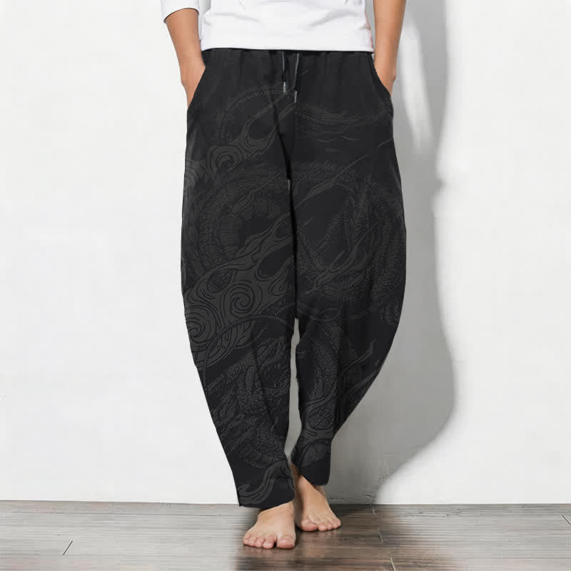 Buddha Stones Pantalon fuselé pour homme en pur coton, motif vague de dragon mystique, cordon de serrage et poches - Noir - US/UK/AU50，EU60 (5XL) - image 0
