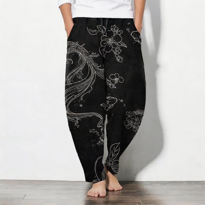 Buddha Stones Pantalon fuselé pour homme en pur coton, motif floral Koi, cordon de serrage et poches - Noir - US/UK/AU50，EU60 (5XL) - image 0